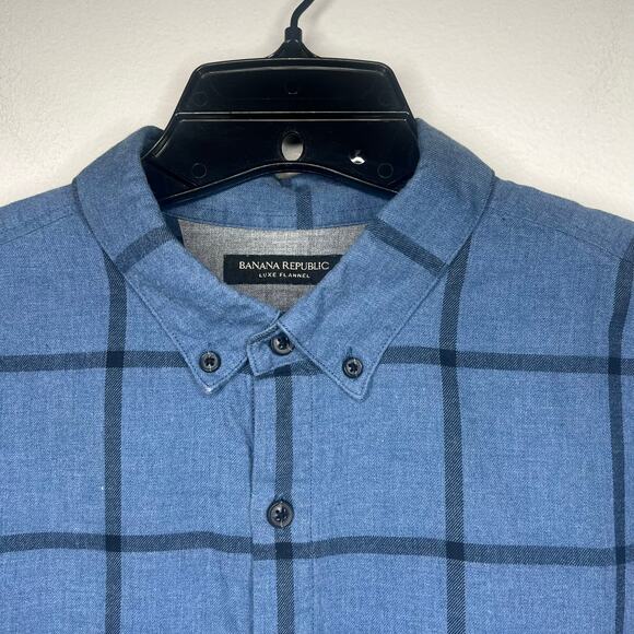 Banana Republic Luxe Flannel Camden Fit Blue Plaid Long Sleeve Men L Button Down - Picture 3 of 12